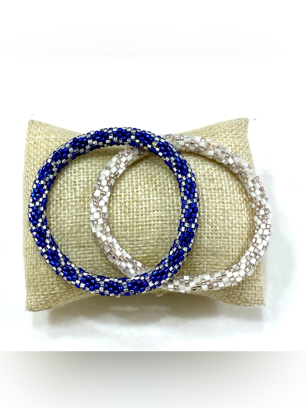 J.Crew Blue White Metallic Woven Seed Bead Roll On Bangle Bracelets Set of 2